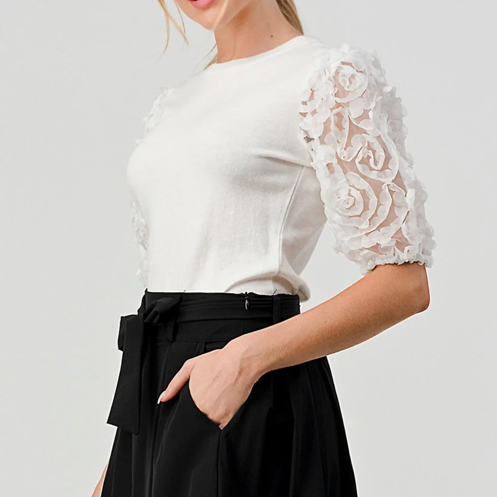 Flower Contrast Sleeve Sweater Short Sleeve Top - Picture 3 of 8